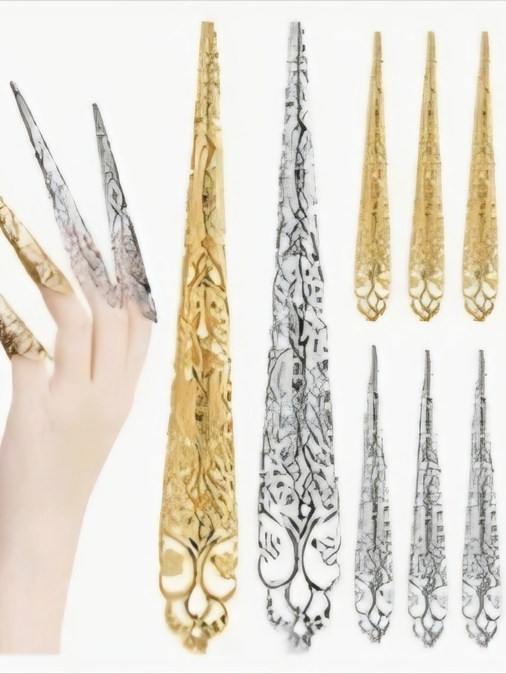 Lot Of Traditional Chinese Metallic Gold and Silver Long Stiletto Nail Tips